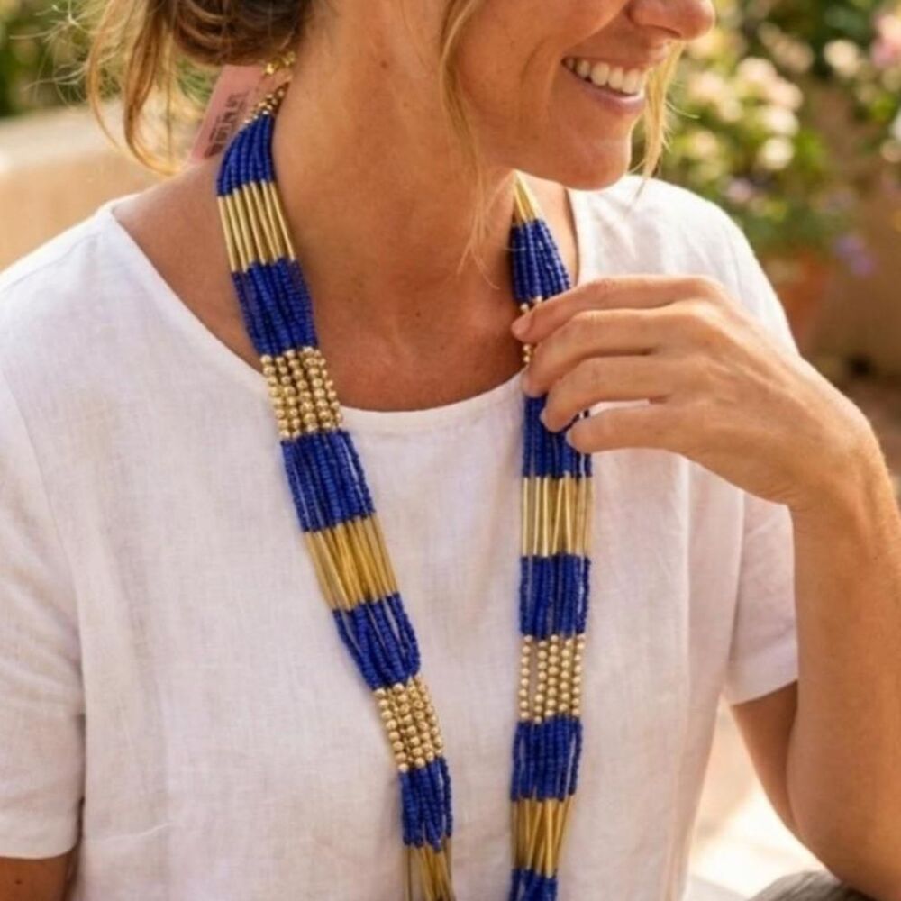 New Gerold Miller GORGEOUS Blue & Gold boho beaded Statement Necklace ✨